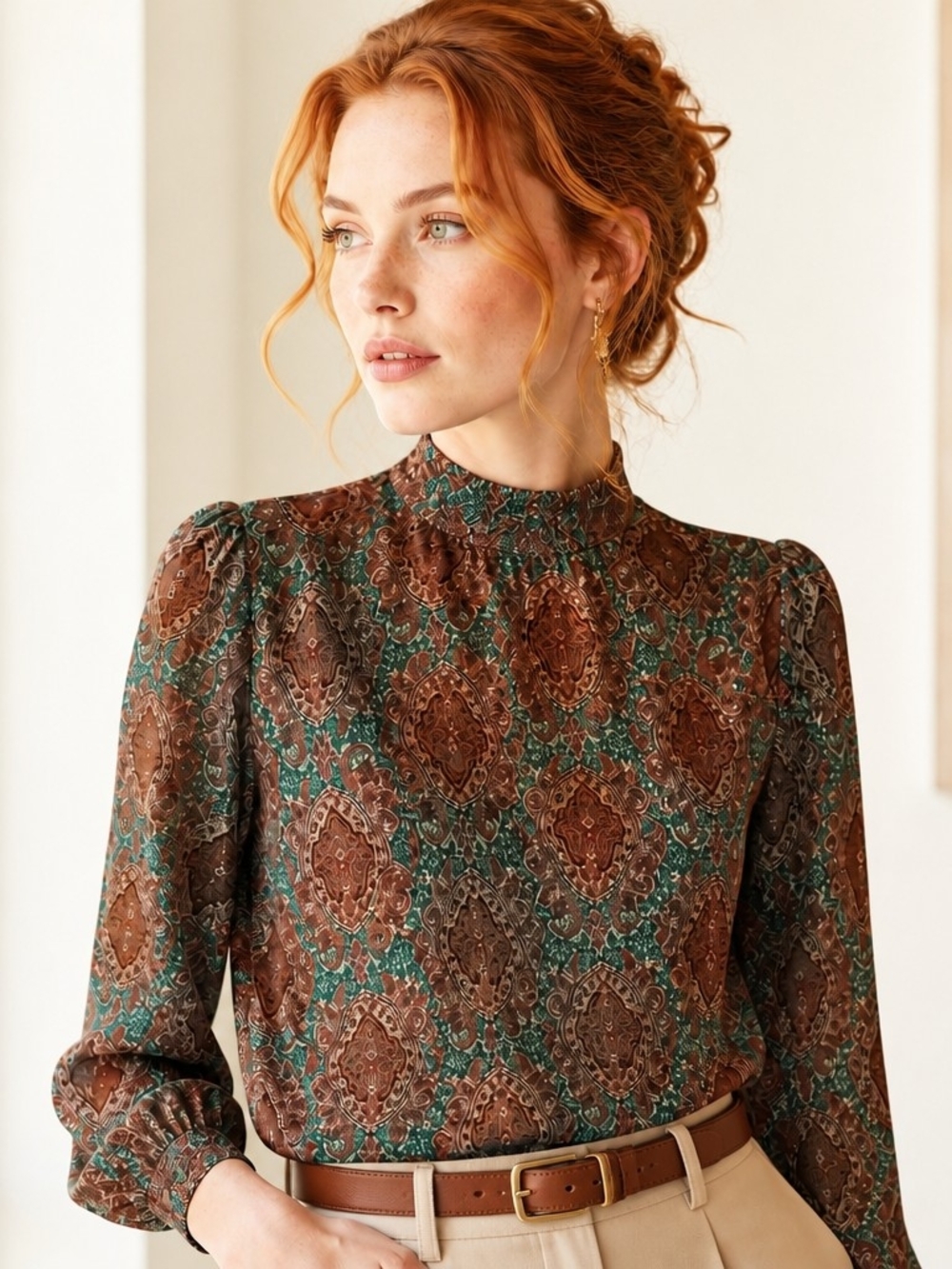 Joie Brown and Green Medallion Print Smocked-Neck Blouse